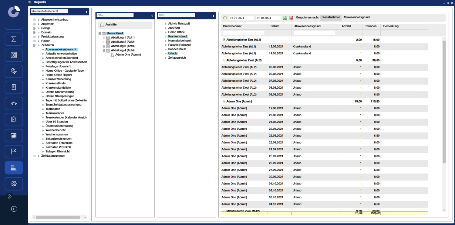 Coredat Softwareoberfläche mit dem Tool Abwesenheitsnotiz.