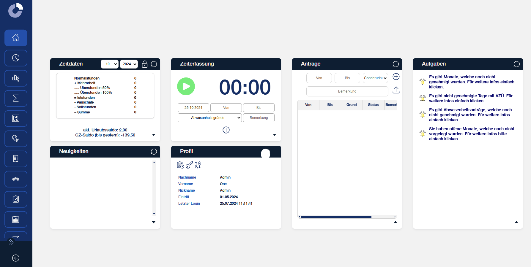 Screenshot vom Homescreen der Coredat Software. Zu sehen ist eine Navigationsleiste links und eine Übersicht mit den Feldern Zeitdaten, Neuigkeiten, Zeiterfassung, Profil, Anträge und Aufgaben.