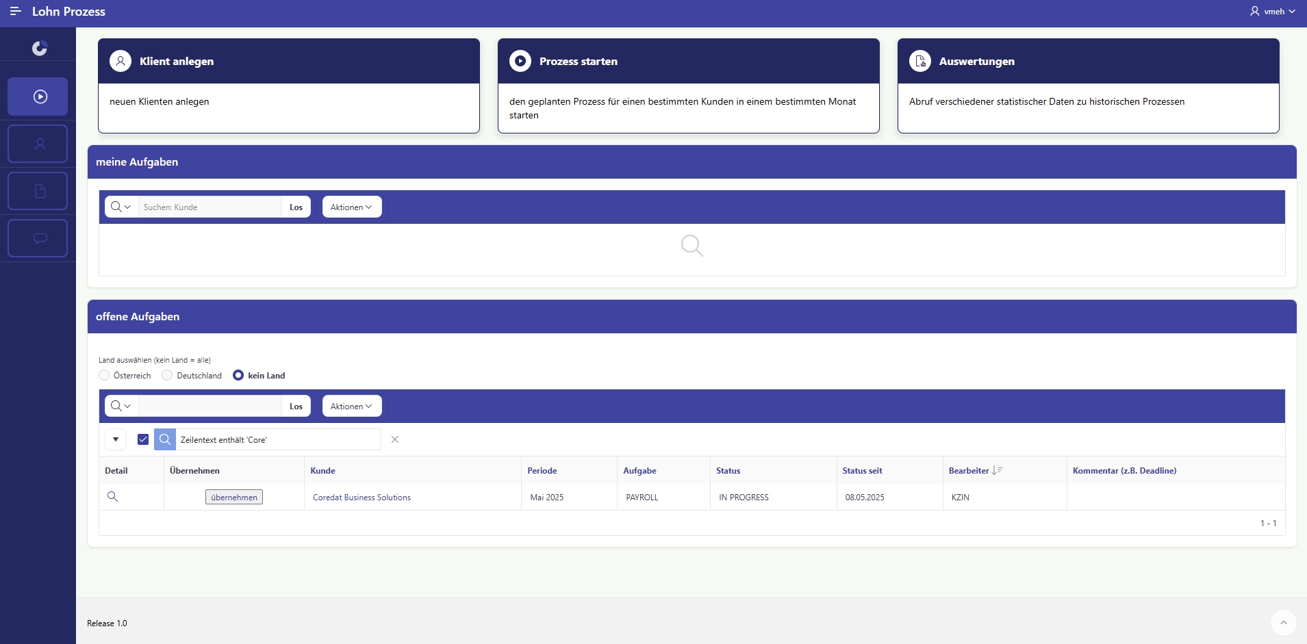 Dashboard of the payroll software with fields for creating clients, starting process and evaluations and a task overview with customer filter