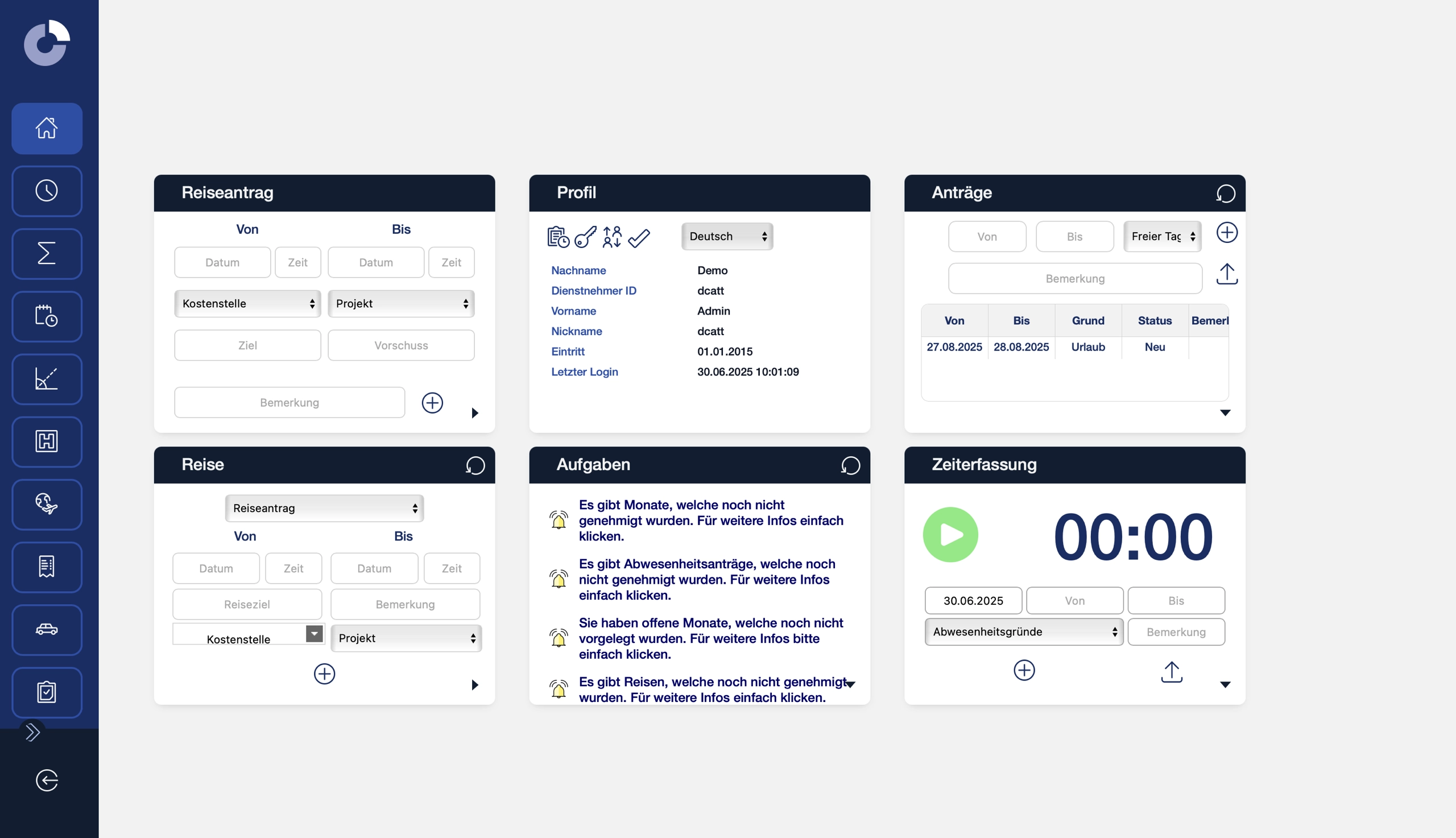 Screenshot of the home screen of the Coredat software travel expenses. You can see a navigation bar on the left and an overview with the fields Travel Request, Profile, Applications, Travel, Tasks and Time Recording.